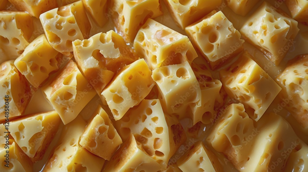 Poster close-up of assorted yellow cheese cubes with holes and textures arranged on a surface copy space