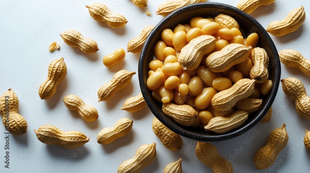 Poster bowl of raw peanuts with some peanuts scattered on the surface in a well-lit setting copy space