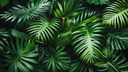 Tropical green monstera leaves background with natural textures and vibrant colors suitable for design projects with Copy Space