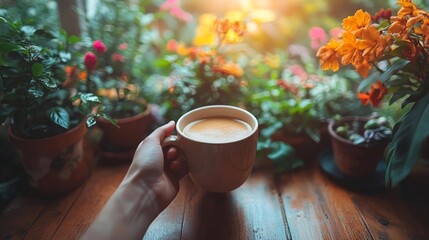 Hand Holding Cup of Coffee Surrounded by Plants and Flowers. Generative AI