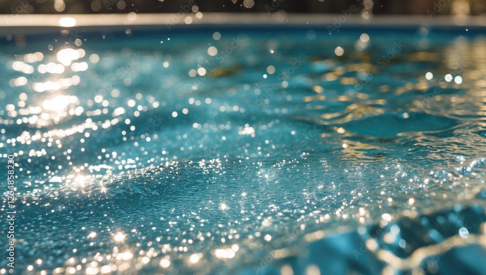 Poster close-up of sparkling water surface with sunlight reflections and bokeh effect in swimming pool with