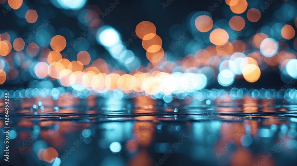 Poster colorful bokeh lights reflecting on wet surface at night with shallow depth of field and copy space 