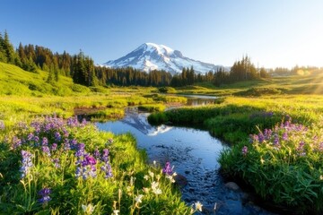 Scenic mountain landscape. Stream flows through meadow, sun shining on mountain