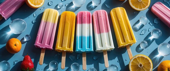 Colorful assorted ice pops on blue background with fresh fruits and ice cubes arranged for a vibrant summer theme Copy Space