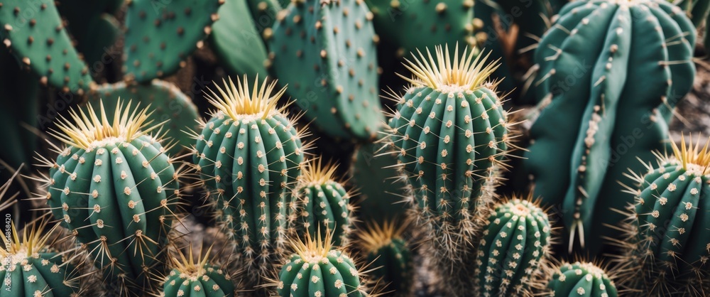 Poster close-up of various cacti with spines and vibrant green colors in a natural setting suitable for bot