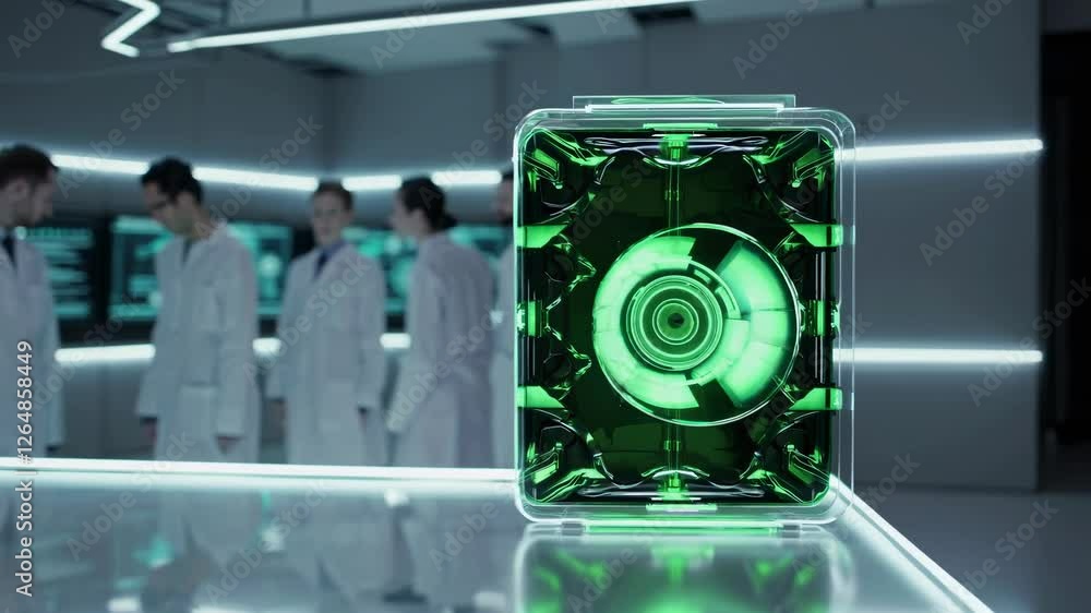 Poster scientists conduct research on advanced technology in a futuristic lab setting during the day