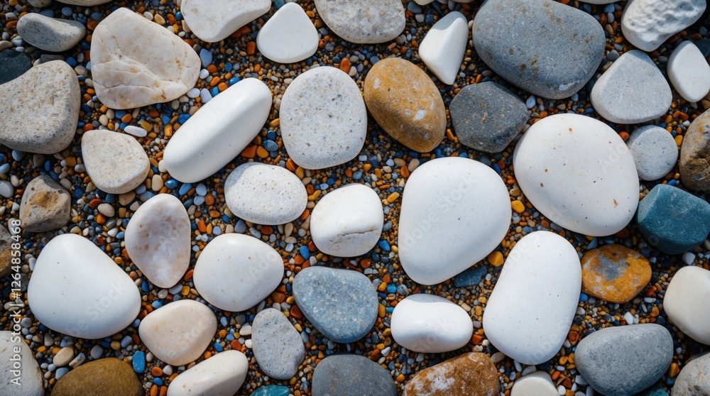 Poster colorful smooth pebbles on a sandy surface creative background with various shapes and sizes copy sp