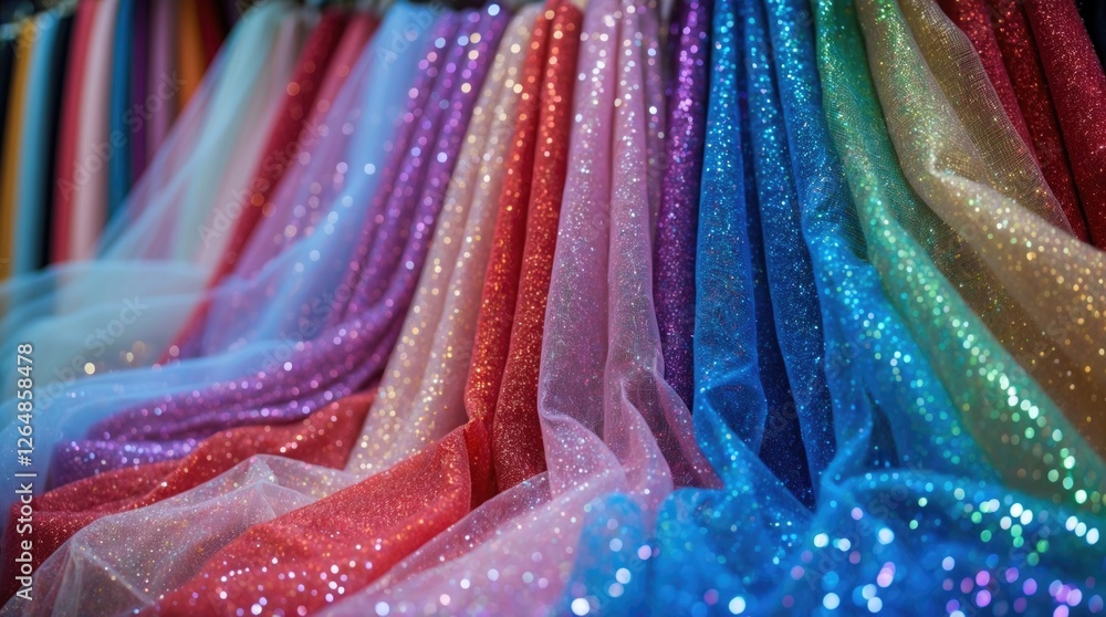 Poster shimmering colorful glitter fabrics arranged in cascading layers with a soft-focus background showca