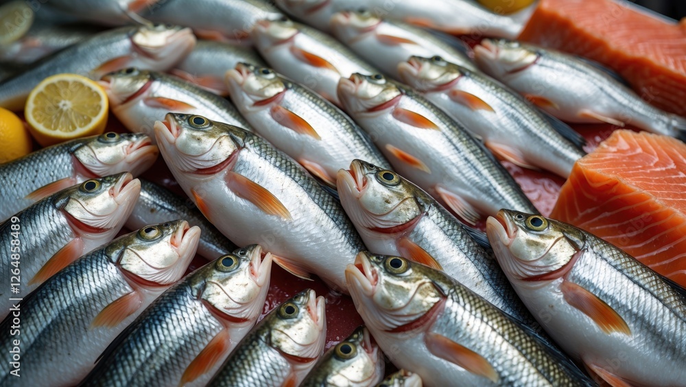 Poster fresh fish display with lemon slices and salmon fillets arranged on a market stall background with v