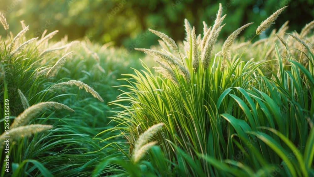 Poster green grass field with tall plants illuminated by sunlight in a natural setting suitable for backgro