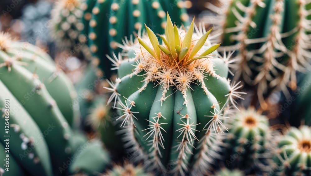 Poster close-up of a green cactus with spines and new growth in a natural setting with blurred background a