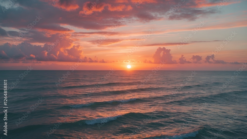 Poster sunset over calm ocean waters with colorful clouds and gentle waves reflecting the hues of dusk copy
