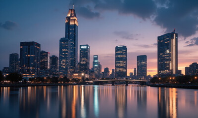 Urban skyline reflected in still water, twilight colors, long exposure effect, symmetrical composition