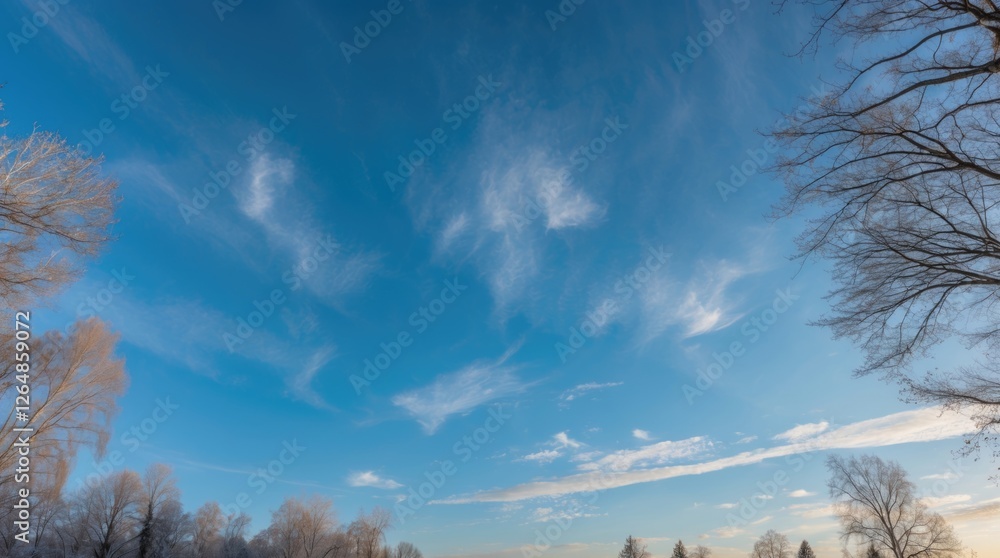 Poster clouds in blue winter sky with trees in foreground and copy space for text addition