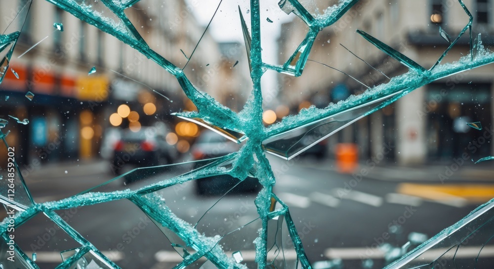 Poster broken glass pane with sharp shards and blurred urban street background depicting traffic and blurre