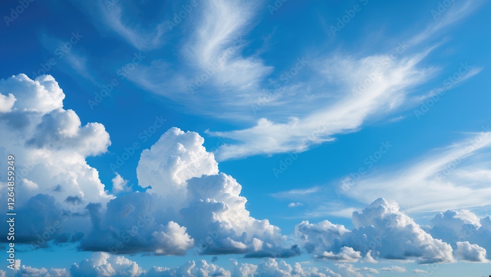 Poster blue sky with wispy clouds and fluffy cumulus formations ideal for backgrounds and textures with cop
