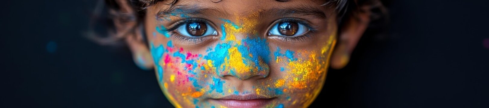 Child Covered in Bright Holi Powder Colors Close Up. Generative AI