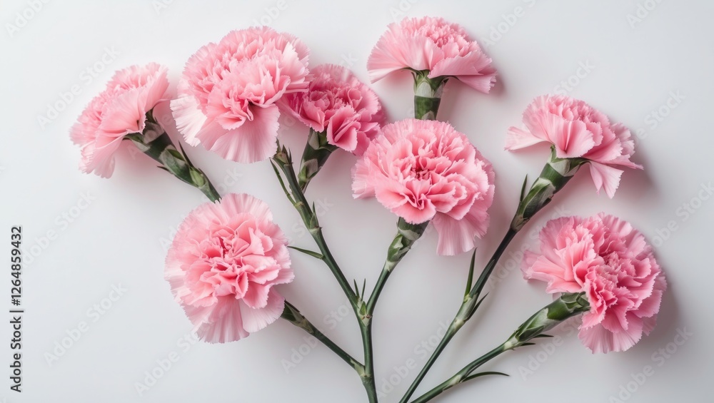 Poster pink carnations arranged on a white background with stems and leaves visible creating a floral compo
