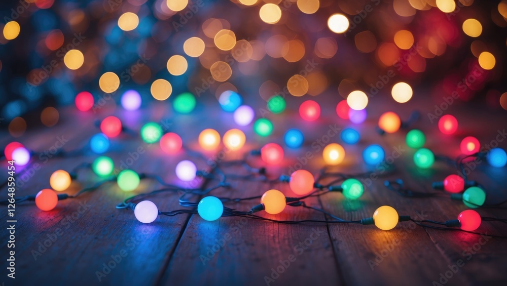 Aufkleber colorful decorative lights on wooden surface with soft bokeh background and copy space for text