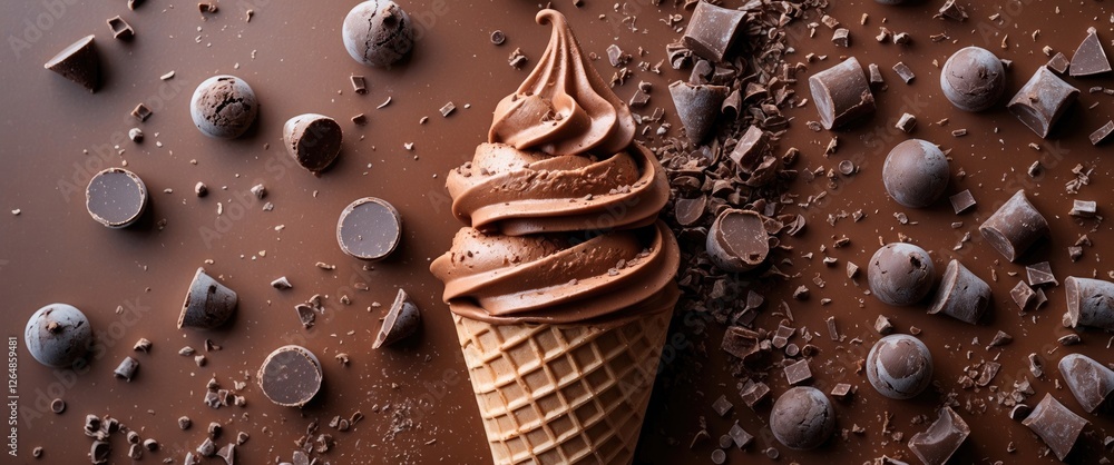 Poster chocolate soft serve ice cream cone placed on dark brown background surrounded by various chocolate 