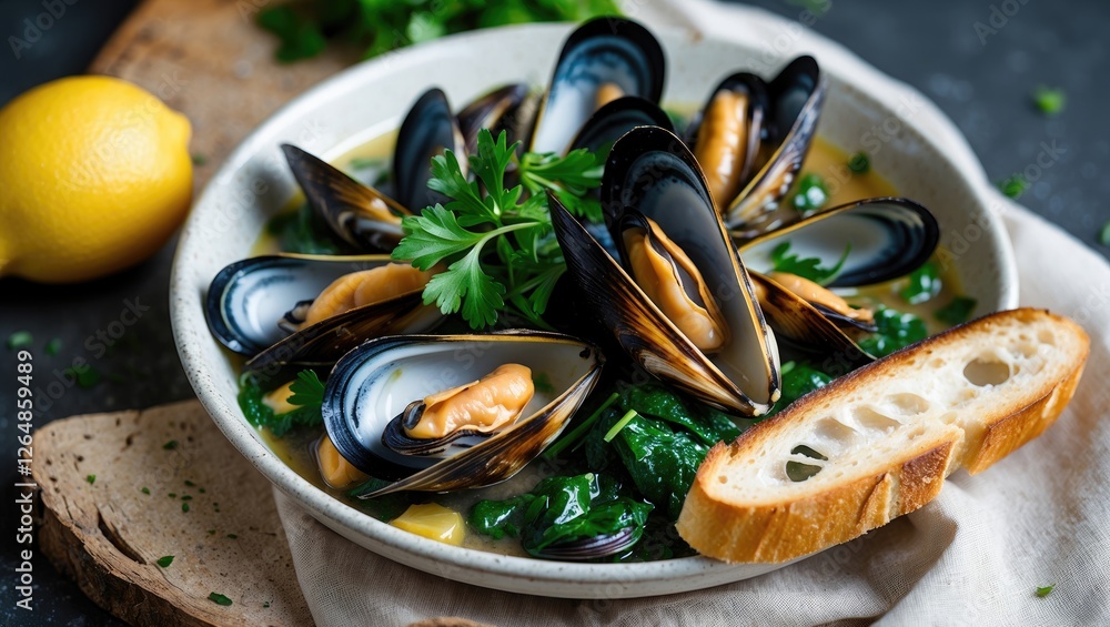 Poster mussels with spinach and lemon served in a bowl with crusty bread on a rustic wooden surface copy sp