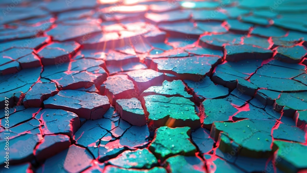 Poster cracked surface texture with varied colors of blue and green illuminated by backlighting for abstrac