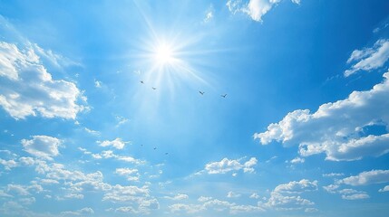 A tranquil beach scene featuring a boat on the water and a bird flying in a clear blue sky