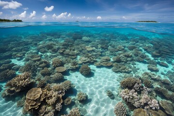 Fototapeta premium A coral atoll, with hues of blue revealing marine life in clear lagoon waters.