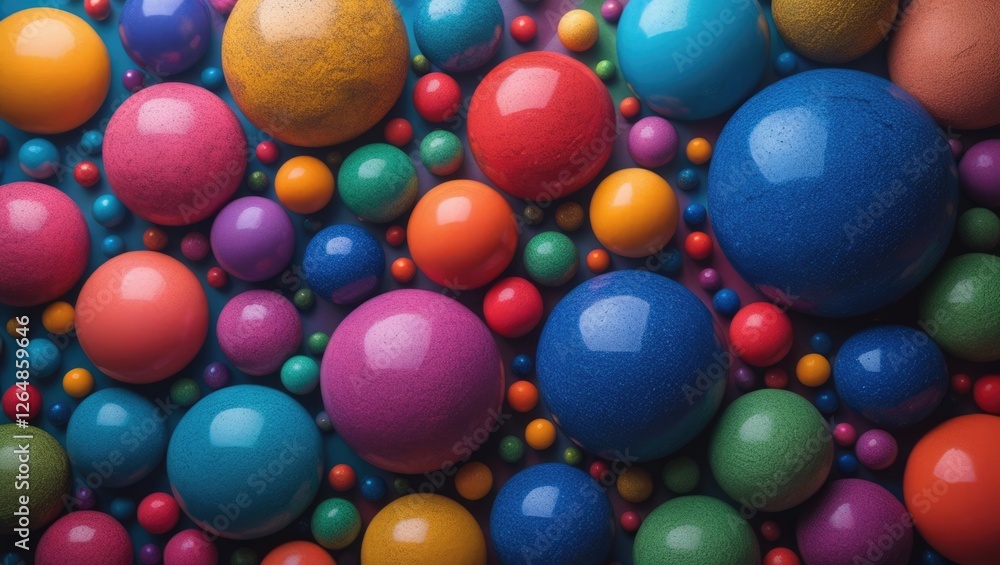 Poster colorful arrangement of glossy spheres in various sizes and colors on a textured background with cop