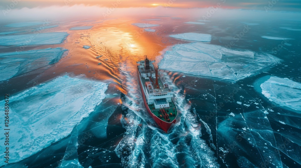 Poster a large vessel makes its way through fragmented ice floes as the sun sets, casting a warm glow over 