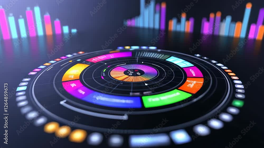 Poster colorful digital dashboard showcasing data visualization with circular charts, bar graphs, and analy