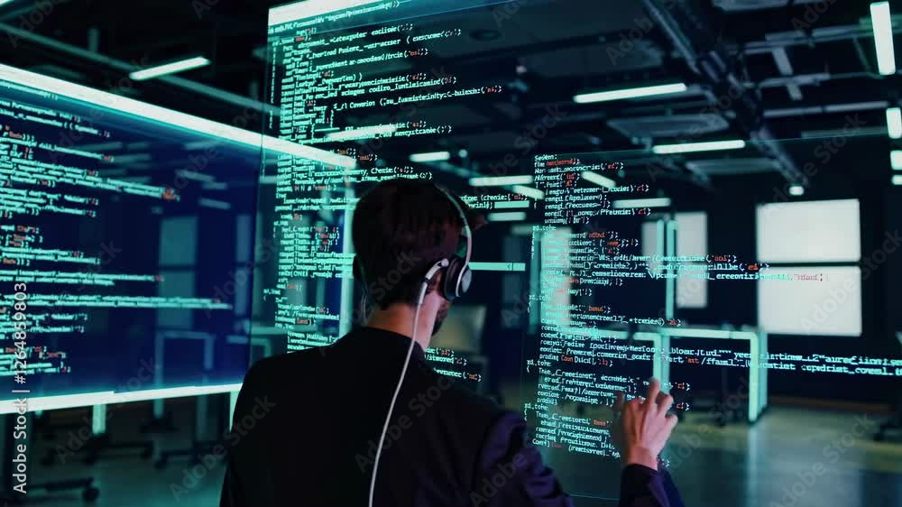 Poster innovative coder interacts with futuristic interface in modern tech workspace