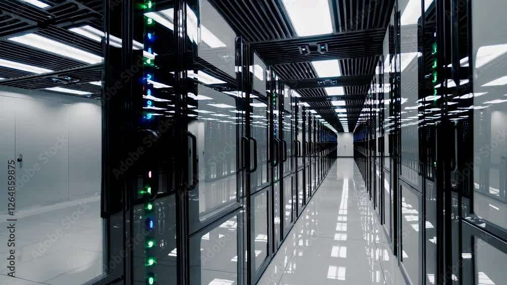 Poster exploring a modern data center filled with advanced technology and efficient systems for data storag