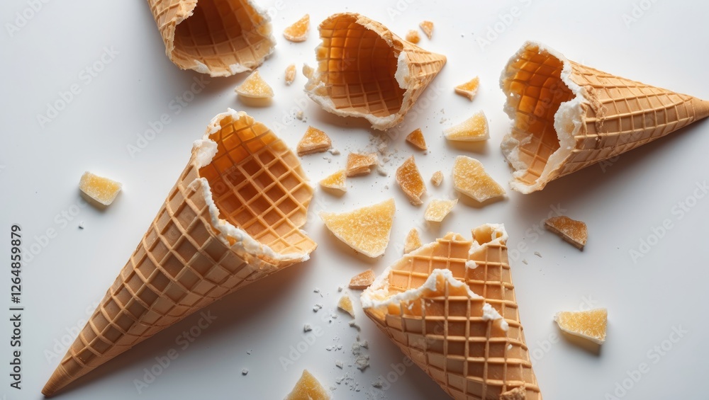 Poster broken ice cream cones scattered on a light background with shards of waffle cone and frozen dessert