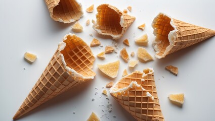 Broken ice cream cones scattered on a light background with shards of waffle cone and frozen dessert visible, Copy Space