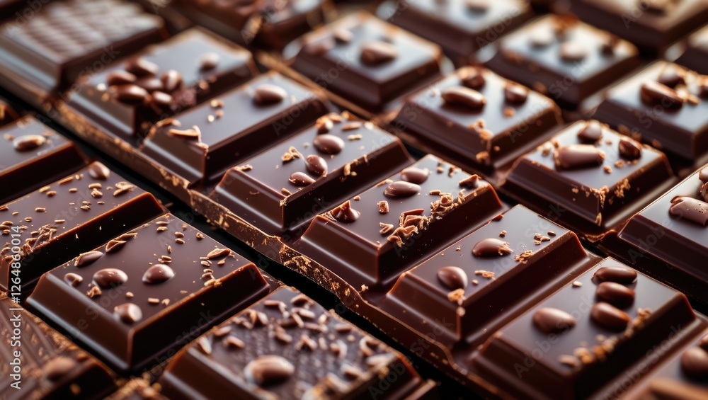 Poster close-up of assorted chocolate bars with chocolate chips and shavings on surface arranged in a textu