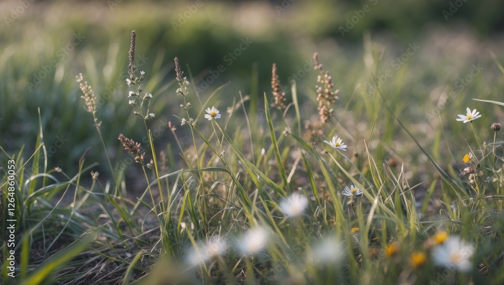 Poster close-up of wildflowers and grass in natural field setting soft focus background with copy space for