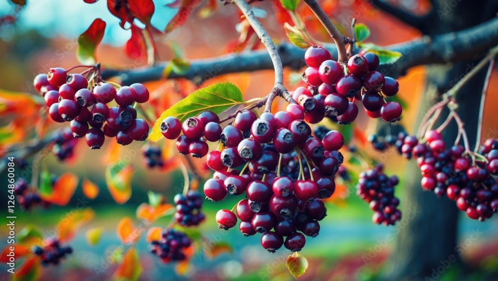 Poster branch of a fruit tree with clusters of ripe dark red berries surrounded by colorful autumn leaves a