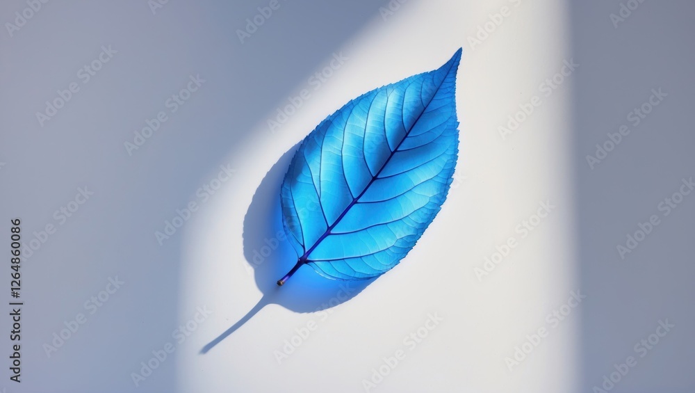 Poster blue artificial leaf casting a shadow on a light background with soft natural lighting and ample cop