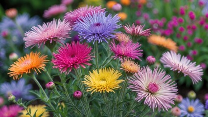 Fototapeta premium Colorful blooming flowers in a garden with various petals and vibrant hues of pink, purple, orange, and yellow Copy Space