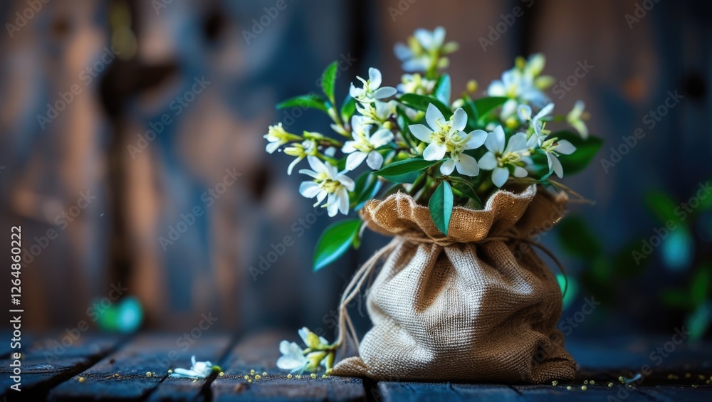 Poster bouquet of white flowers in a burlap sack on a wooden table with a rustic background and soft bokeh 