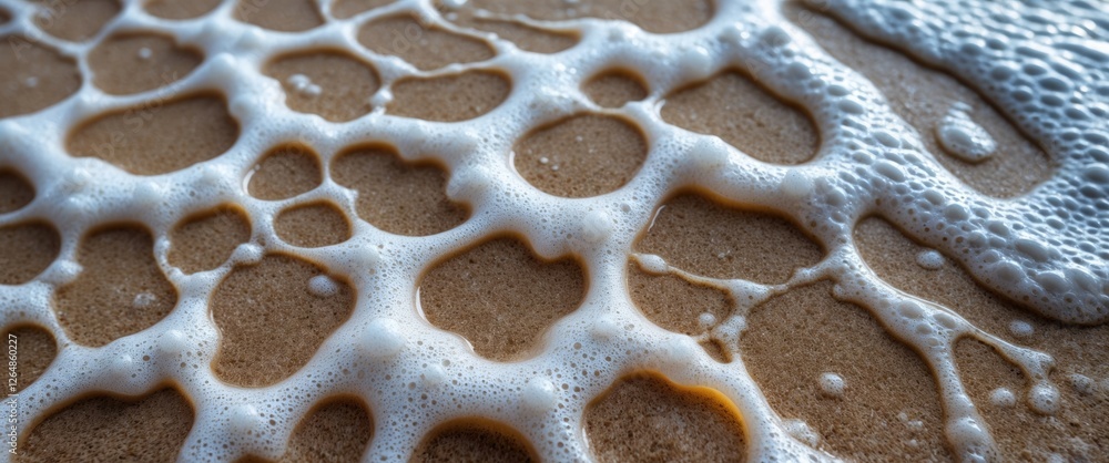Poster close-up of foam bubbles on sandy beach surface with textures and patterns natural light copy space