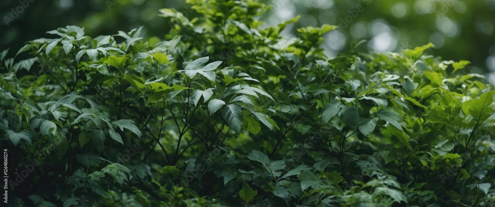 Poster lush green foliage with varied leaf textures in a natural setting showcasing depth and detail suitab