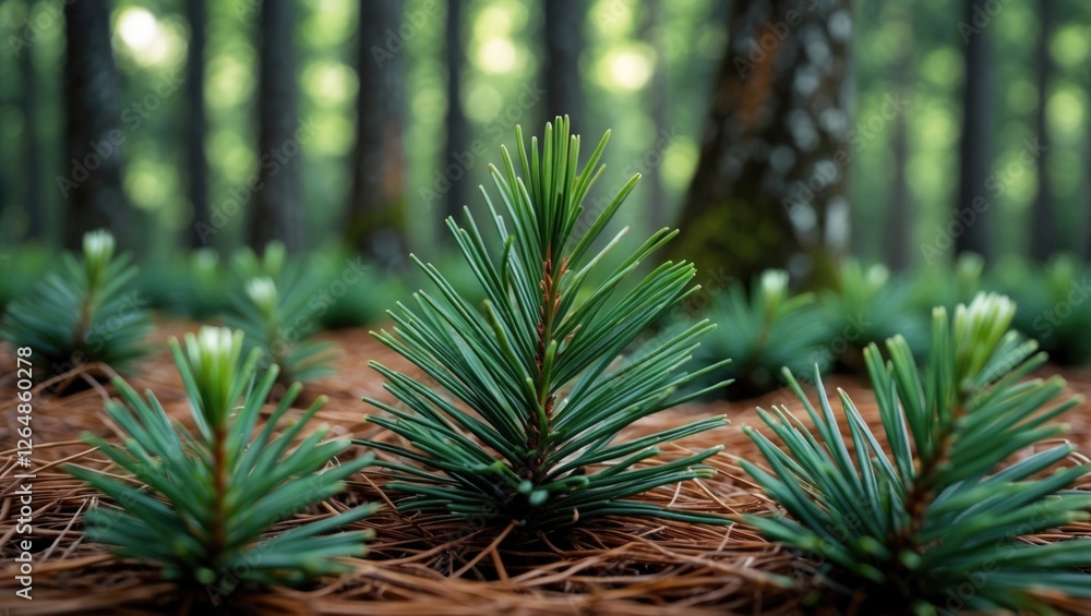 Poster close-up view of young pine trees on forest floor with pine needles and soft focus background of a l