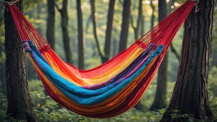 Colorful hammock suspended between trees in a lush forest during daylight surrounded by greenery inviting relaxation and tranquility