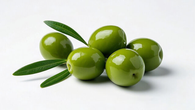 five green Olives with leaves, isolated on white background