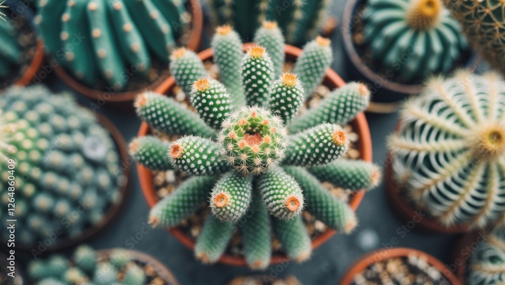 Poster close-up of multiple potted cacti varieties arranged on a surface with focus on a central cactus pla