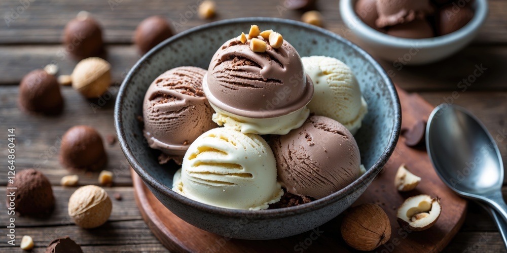 Poster bowl of assorted ice cream scoops with nuts on wooden table and scattered chocolate and nuts in back