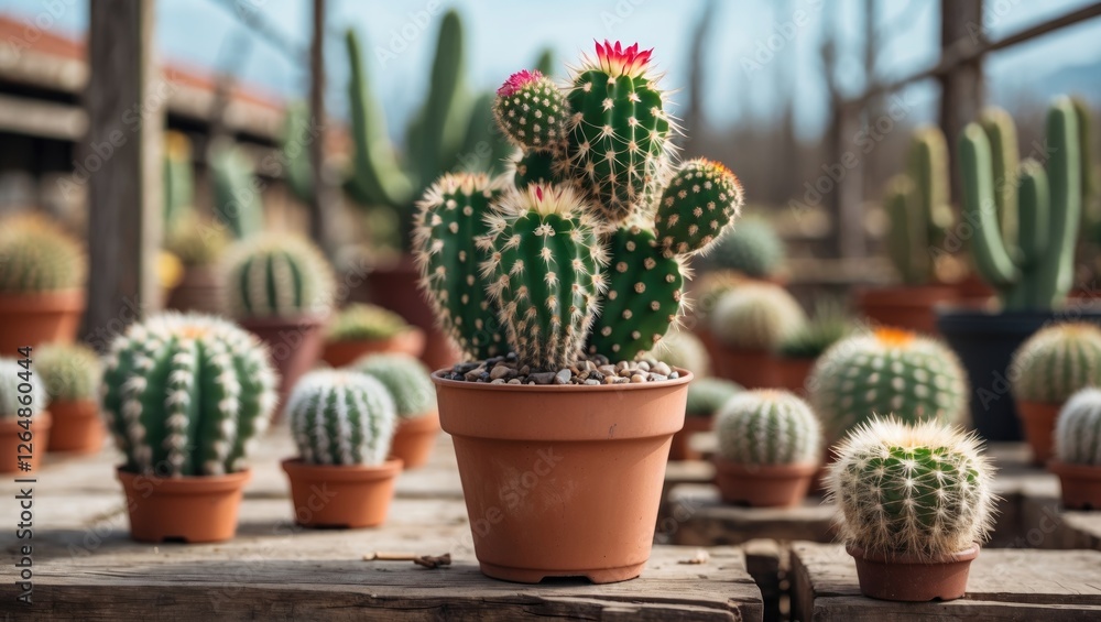 Poster assorted cacti in pots displayed on rustic wooden table in garden nursery with natural sunlight and 