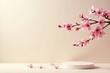 Delicate Pink Blossoms and Minimalist White Display Platform on Soft Beige Background, Ideal for Product Showcasing or Spring Theme Designs